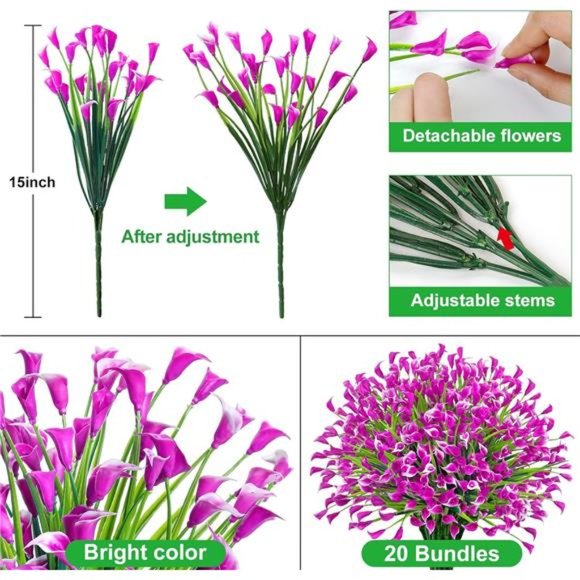 20 Bundles Artificial Flowers for Outdoors Fake Calla Lily Flowers, Fuchsia - Picture 3 of 7